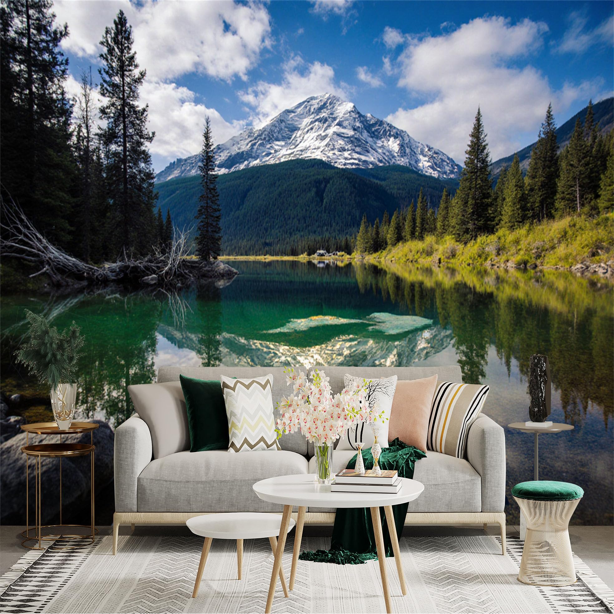 Custom Size Wall Sticker Mural， Snowy Mountain with Forest， Lake Reflection and Blue Sky， for wall Decoration， peelandstick wall Decals.