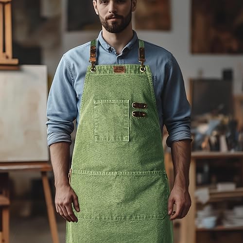 Miniatura 8 de LEATHER VILLAGE Delantales de chef para hombres y mujeres con bolsillos grandes, delantal de trabajo ajustable de lona de algodón con espalda