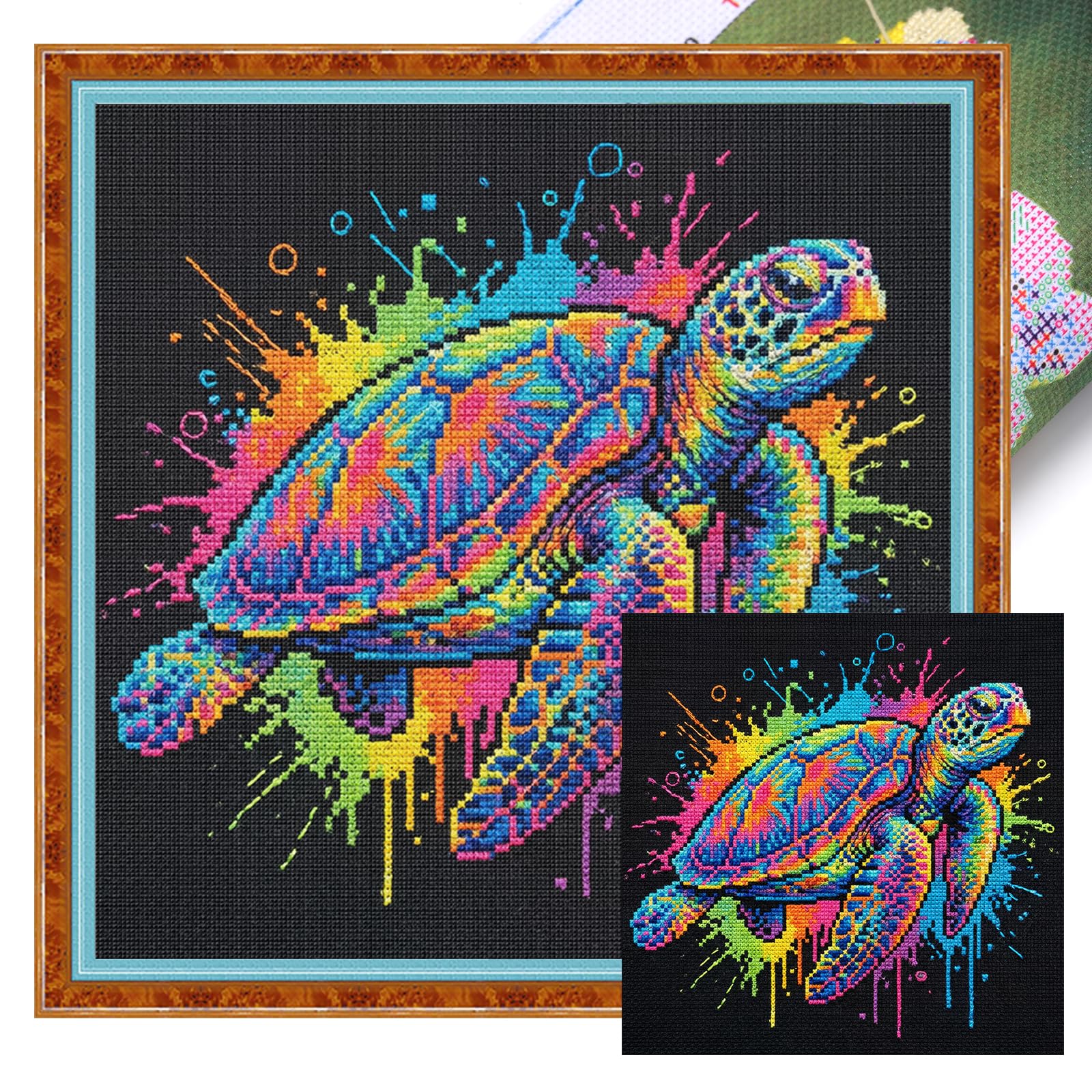 Poetrydraw Colorful Splash Sea Turtle 14Ct Diy Embroidery Kit, 11.81X11.81 Inch Cross Stitch Art & Crafts For Beginners & Adults, Home Decor