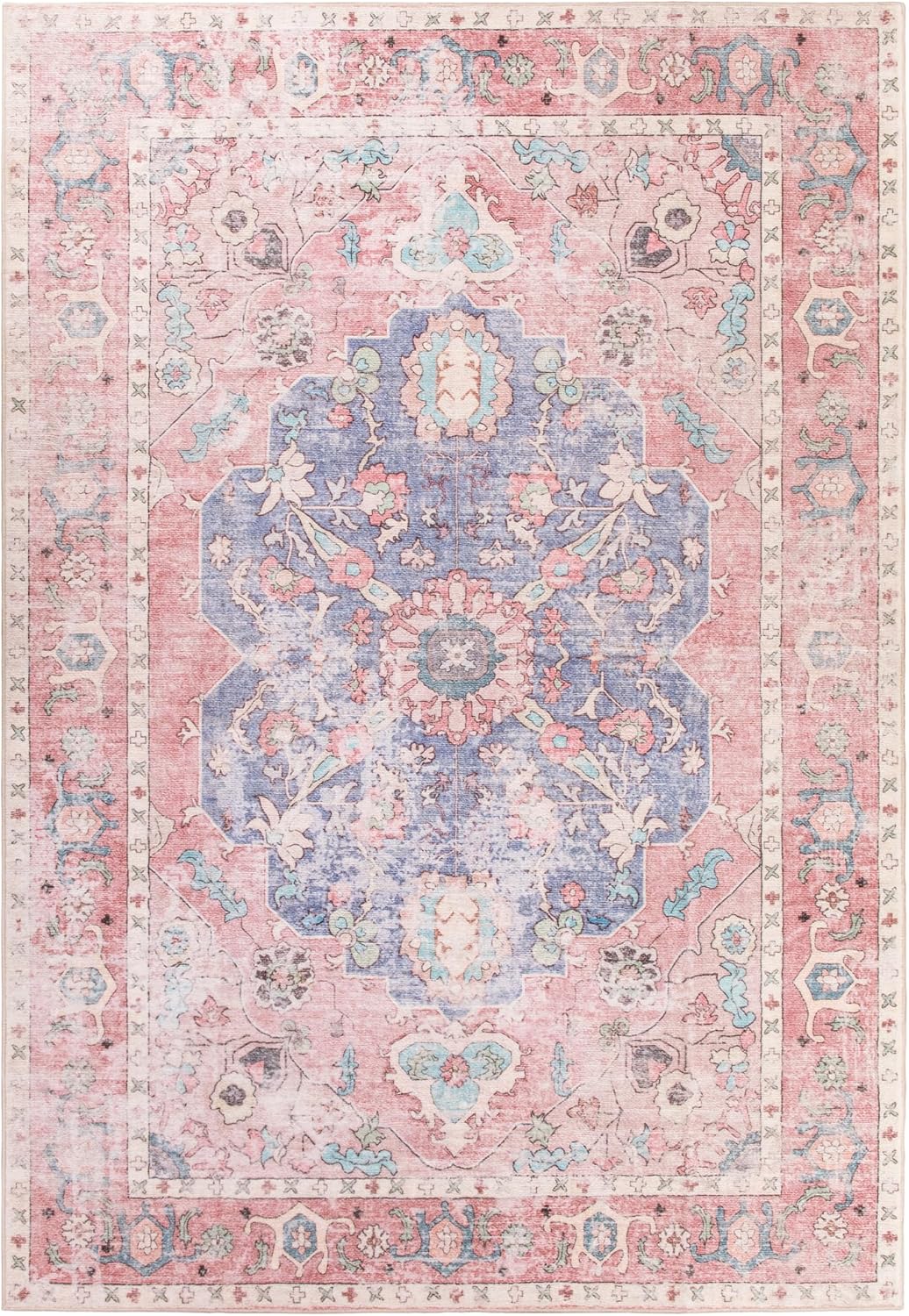 Area Rug 8x10 - Vintage Honeycomb Non Slip Backing Carpet - Ocean Pink Mixed Softer Thicker Faux Wool Rug - Foldable & Machine Washable Rugs for Living Room Bedroom Dining Room Home Office