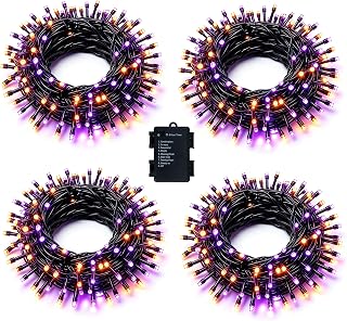 TW SHINE Battery Operated Halloween Lights, 4 Pack 16FT 50 LED Purple and Orange String Lights with 8 Modes Timer, Waterproof Halloween Decorations for Outdoor Home Party Yard Patio