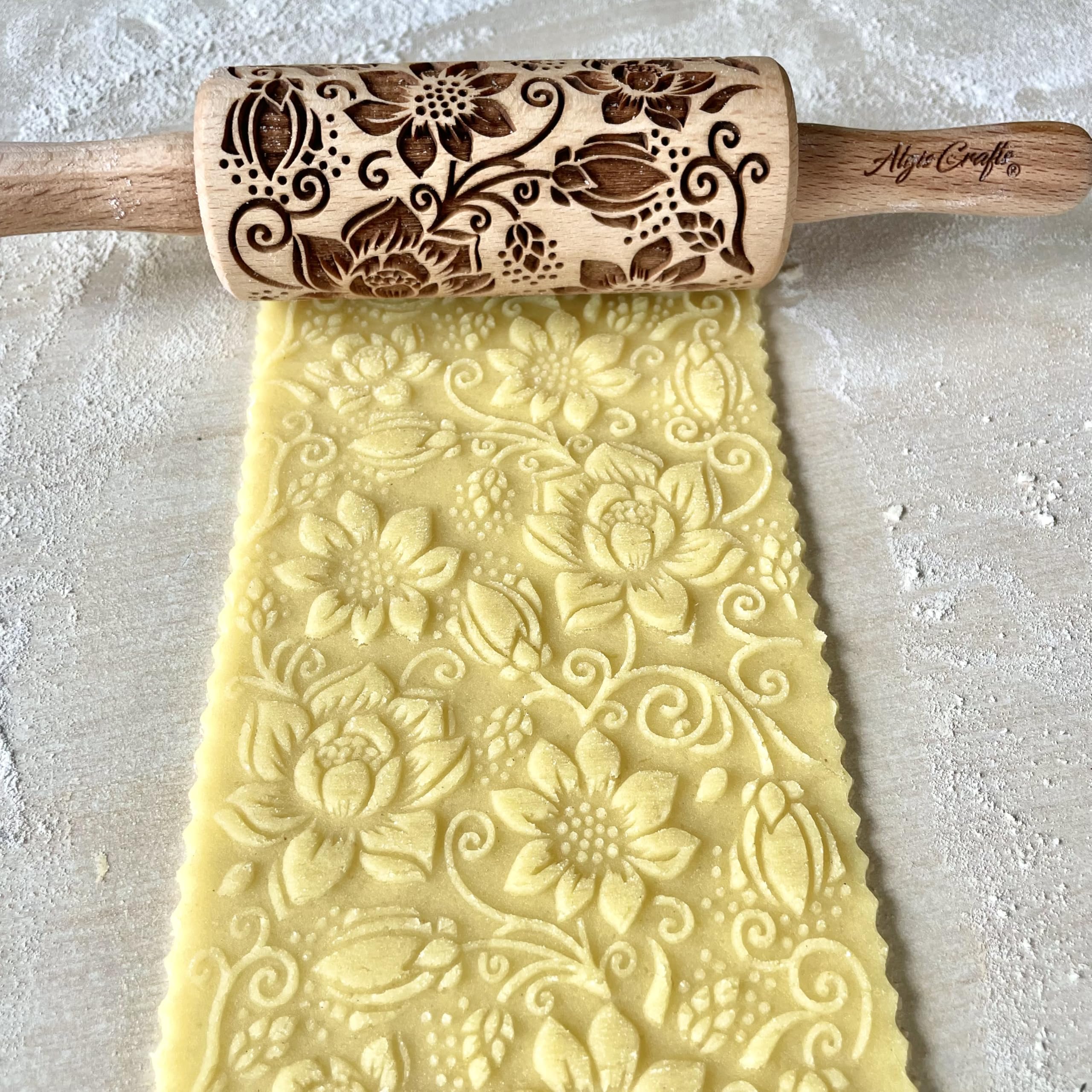 Mattarello Decorativo per Biscotti FIORE - Set di 3 Mattarelli Piccoli | Mattarello Inciso | Rullo per Biscotti e per Modellare per fai da te | Mattarello Legno Goffrato di Algis Crafts