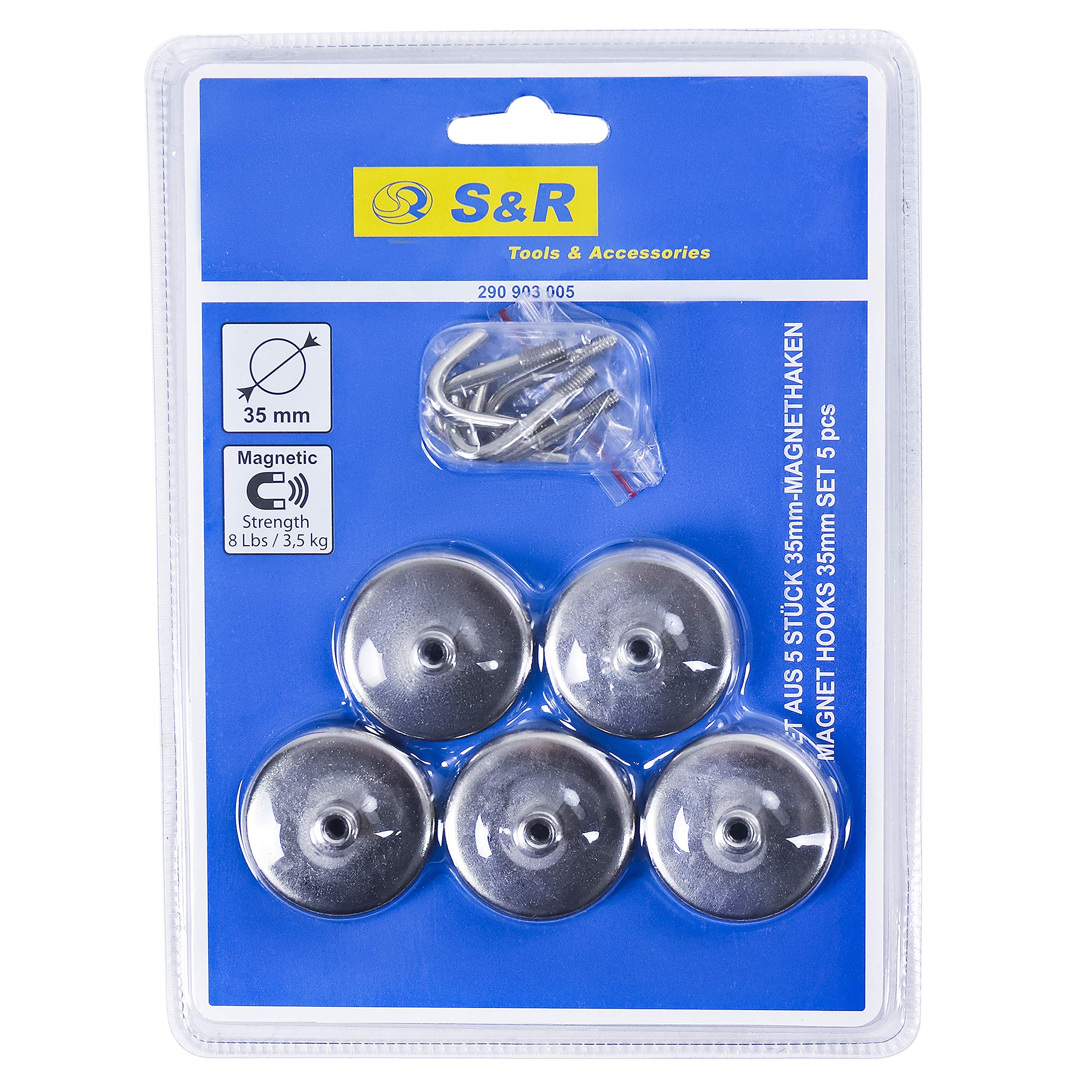 S&R 5 Ganci Magnetici da 35 mm. Magnete potente per cucina frigo ufficio bagno garage utensili