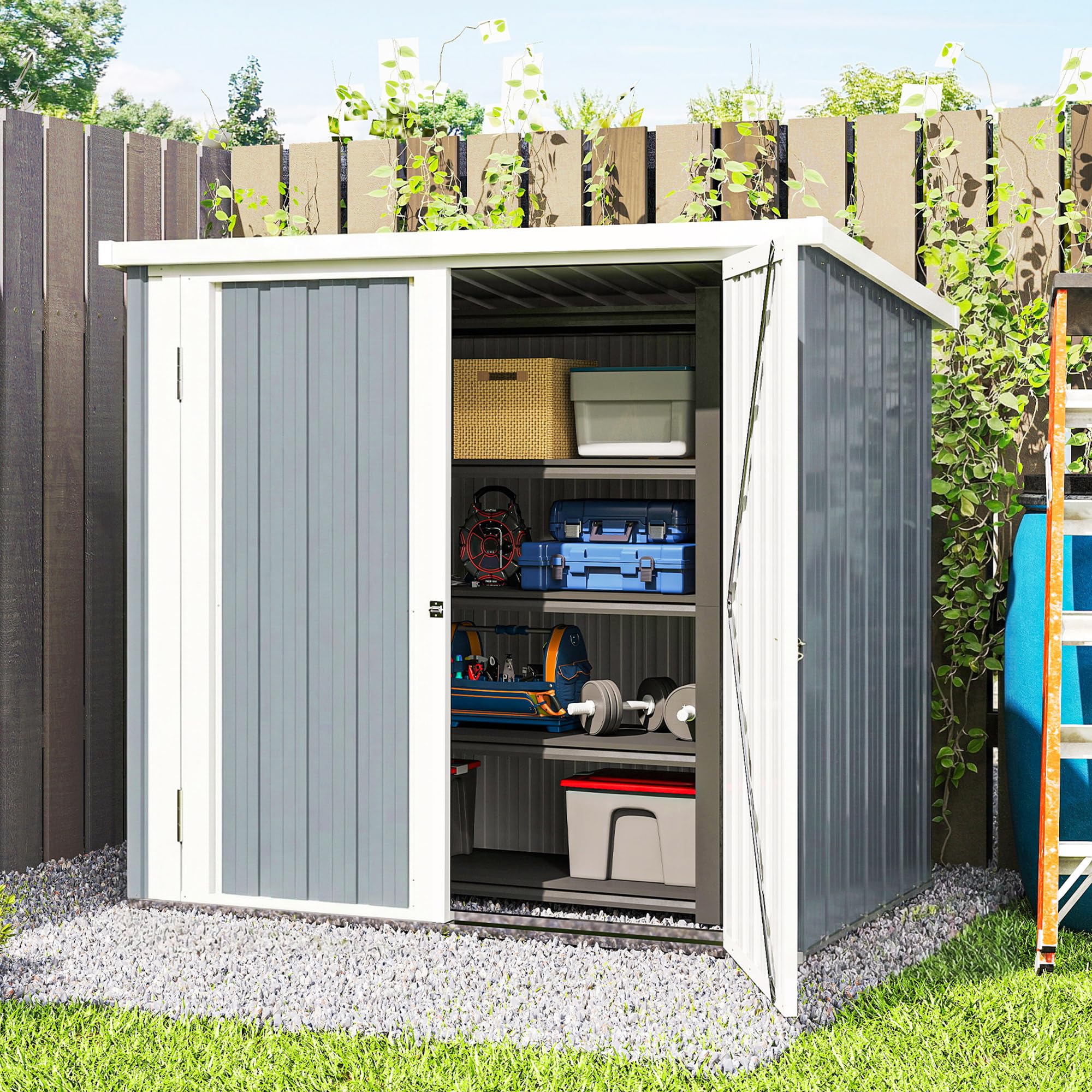 Outsunny Garden Shed - caseta de jardín 1,09 m² - caseta de Herramientas con 2 Puertas con Cerradura - Dim. 147L x 86W x 134H cm - Chapa de Acero Gris Claro Blanco