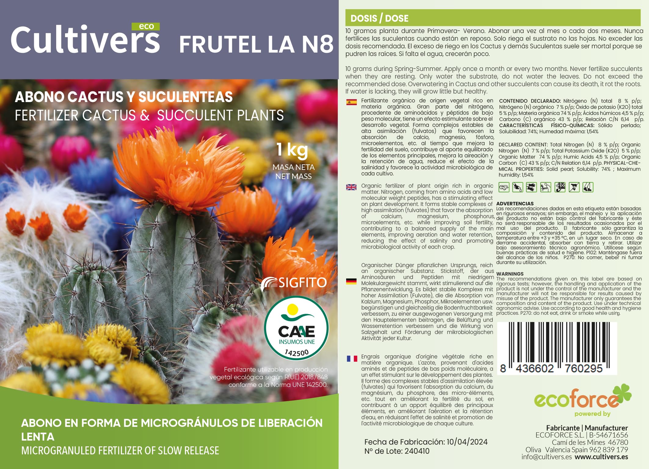 CULTIVERS Abono Cactus Plantas Crasas y Suculentas Ecológico de 2x5 Kg. Fertilizante de liberación Lenta Origen 100% Orgánico y Vegano