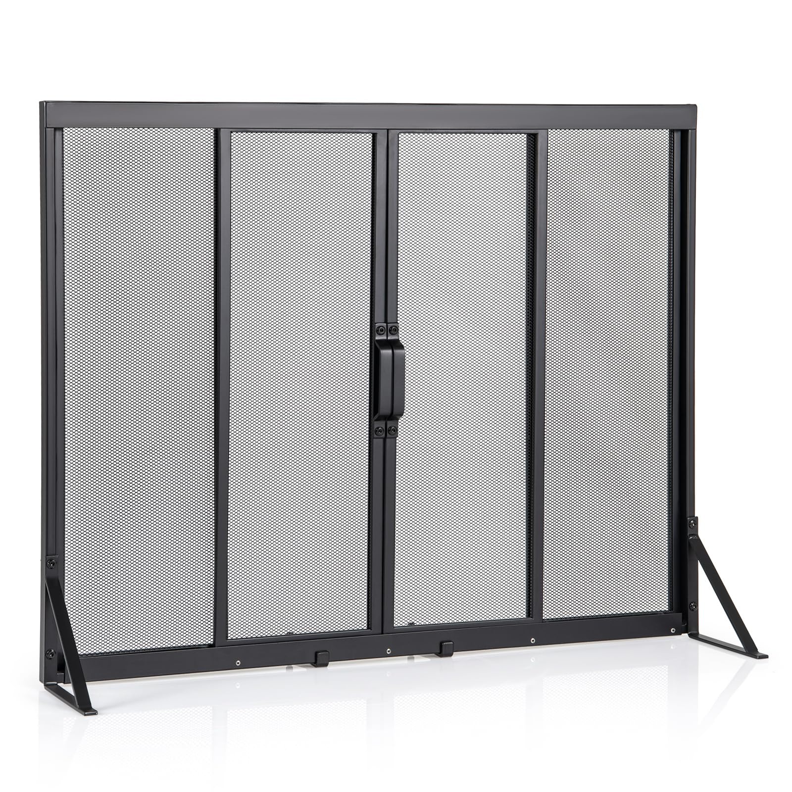 GIANTEX Écran de Cheminée avec Portes Coulissantes en Métal, Pare-feu Protection pour Isolation des Étincelles et Cendres, Pare-étincelles Cheminée avec Support Triangulaire, Noir (89 x 72 cm)
