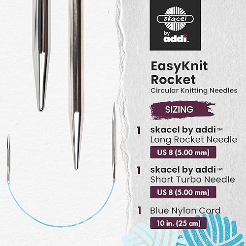 Miniatura 2 de skacel by addi - Agujas circulares para tejer EasyKnit Rocket Round Plated Brass con cordón de nylon, 10 pulgadas (25 cm), 5 mm (tamaño US 8)