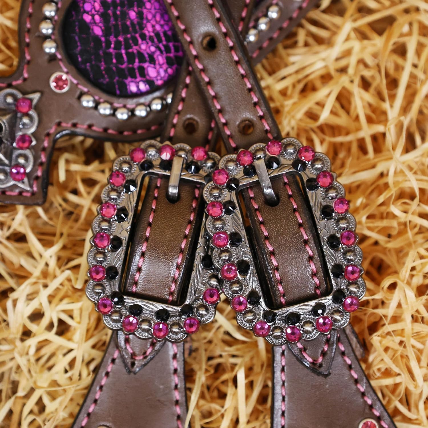 Headstall and Breast Collar Tack Set with Pink Snake Texture Leather, Nickel Studs, and Pink Rhinestones – Perfect Valentine's Day Gift for Equestrian Lovers