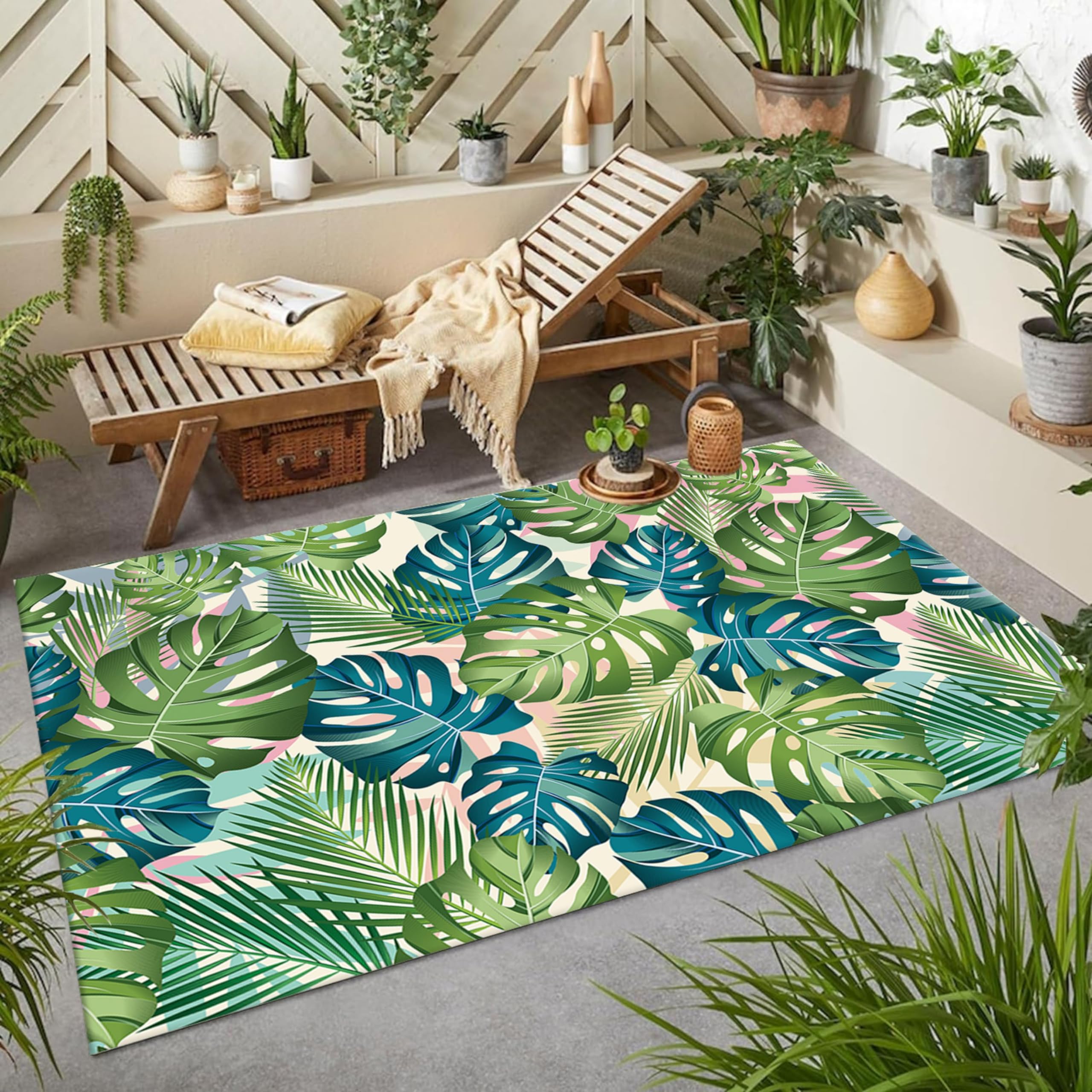 LHOMKCV Banana Palm Leaves Area Rug, 6x8ft, Nordic Luxury Tropical Natural Botanical Decorative Rugs, Machine Washable Non Slip Low Pile Floor Carpet
