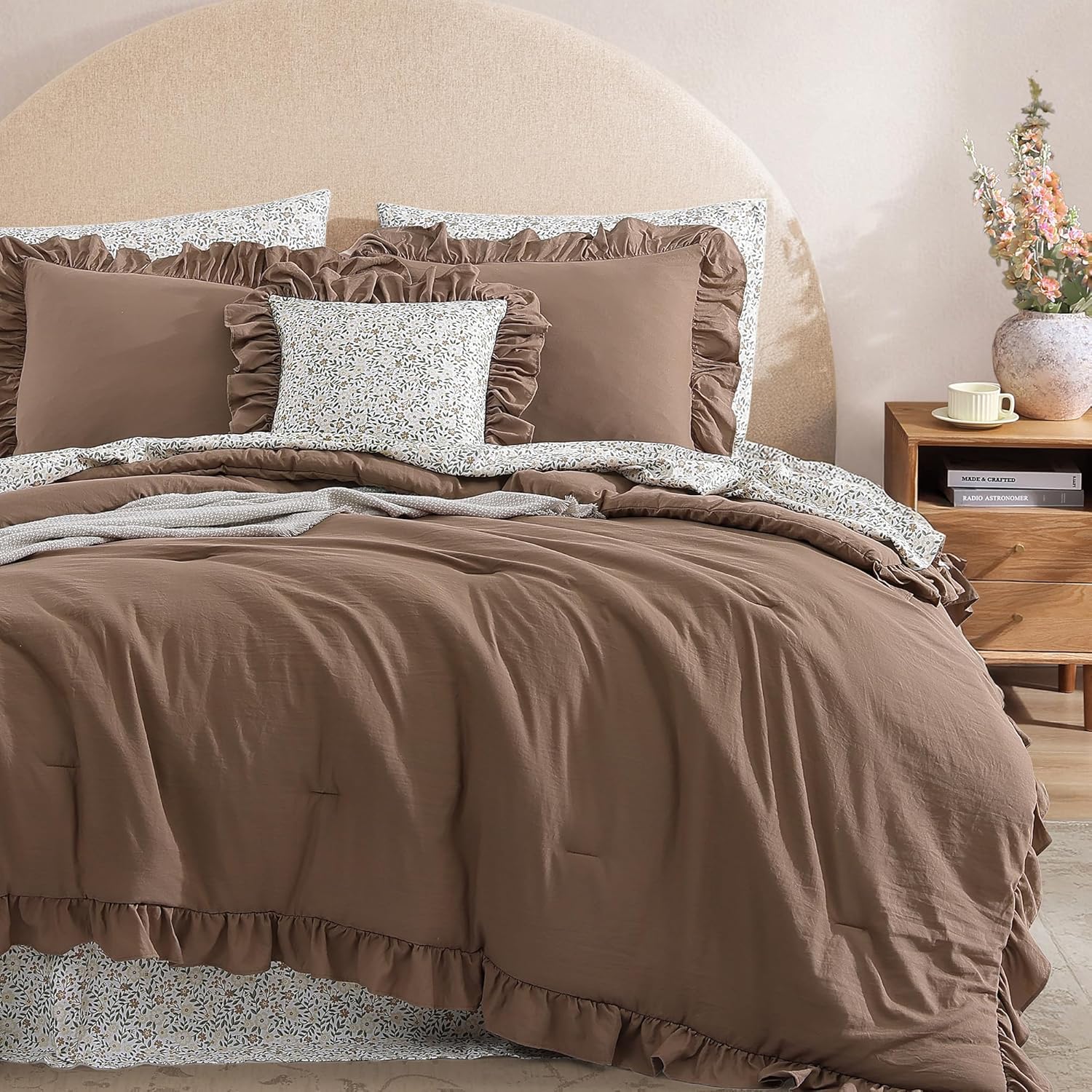 Queen Comforter Set - 7 Pieces Ruffle Amber Brown Bedding Sets, Shabby Chic Farmhouse Bed in a Bag with Ruffle Comforter, Floral Sheets, Pillowcases & Shams - Image 9