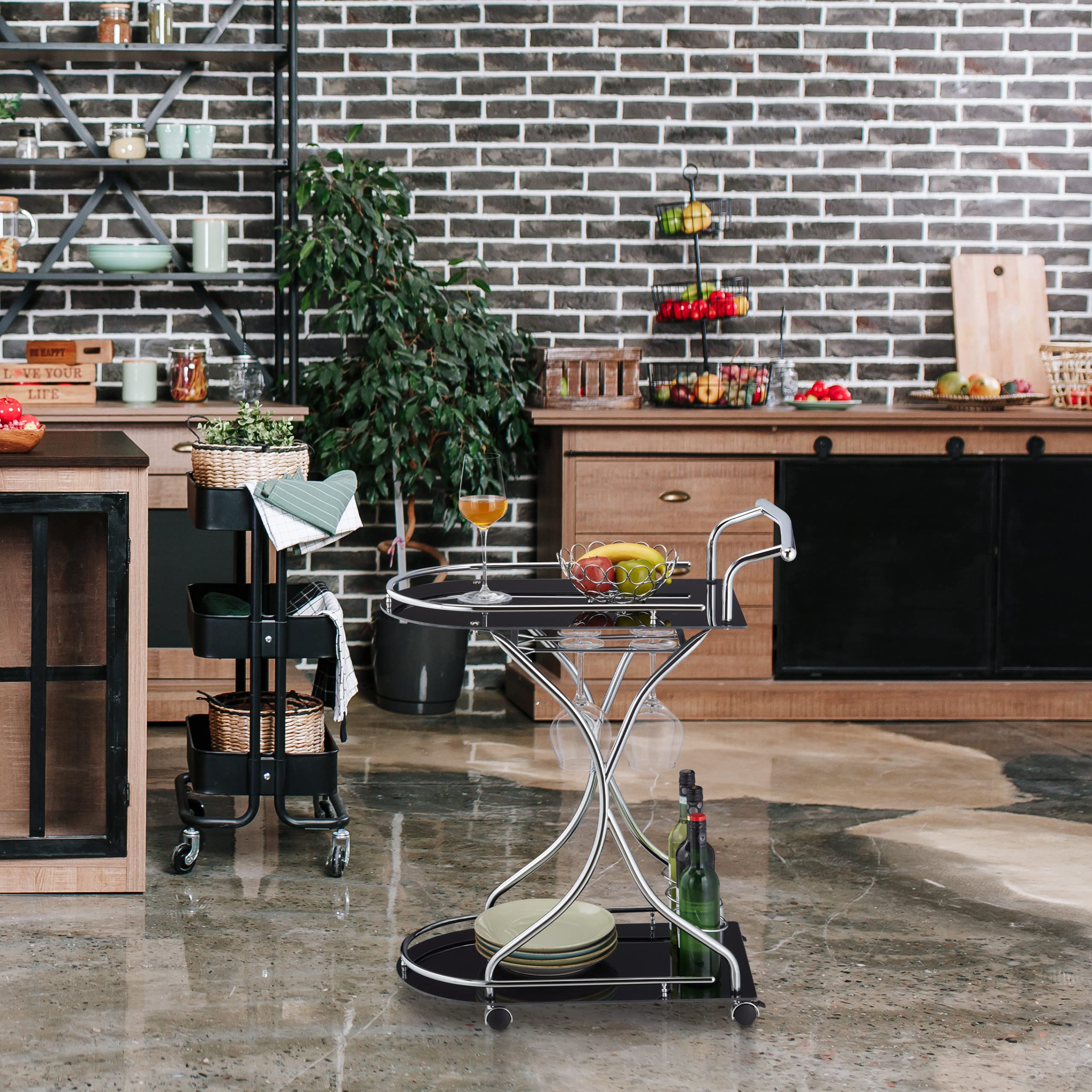 Relaxdays Carrito Cocina, Ruedas, Camarera 2 Baldas, Botellero, Soporte Copas, Vidrio, Metal, 88x76x49cm, Negro/Plateado