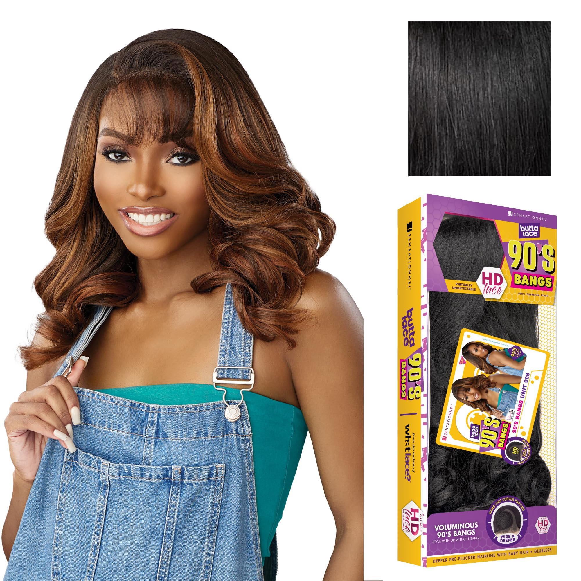 Sensationnel Butta Lace 90Sbangs Wigs - Unit 908 Glueless Wide Deep Part Synthetic Preplucked Hairline (1 JETBLACK)