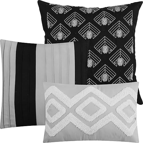 Miniatura 4 de Grand Avenue Juego de edredón geométrico negro y gris, 7 piezas, funda de almohada bordada de rizo, falda de cama, almohada decorativa, decoración