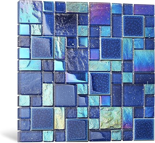 Blujellyfish Azulejos de mosaico de vidrio azul con patrón francés, láminas de mosaicos cuadrados iridiscentes de vidrio azul cobalto de cerámica