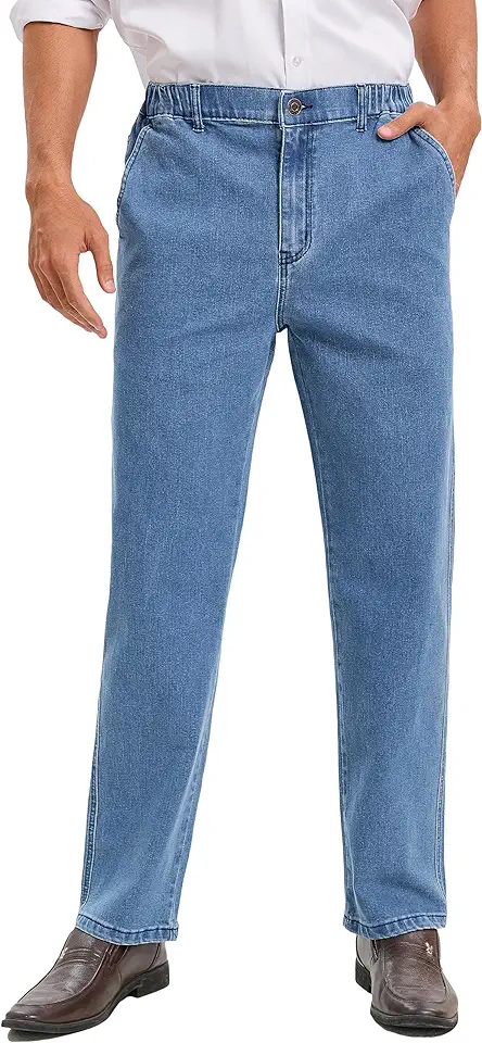 voeeron Mens Elastic Waist Jeans Relaxed Fit Men's Jeans with Elastic Waist with Zipper and Button