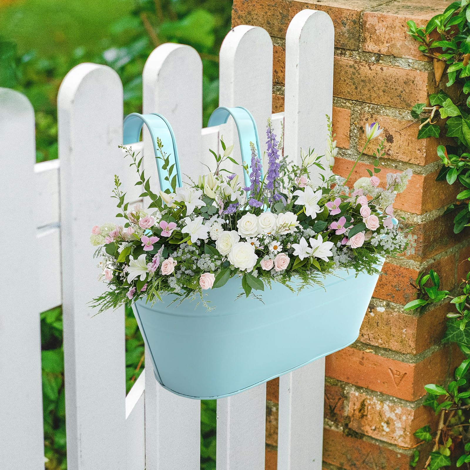 Roellgs 3Pcs Metal Hanging Flower Pots, 28.5cm Large Plant Pots Hanging Flower Bucket with Detachable Hook for Balcony Fence Garden Home Decor (3, sky blue) - Image 3