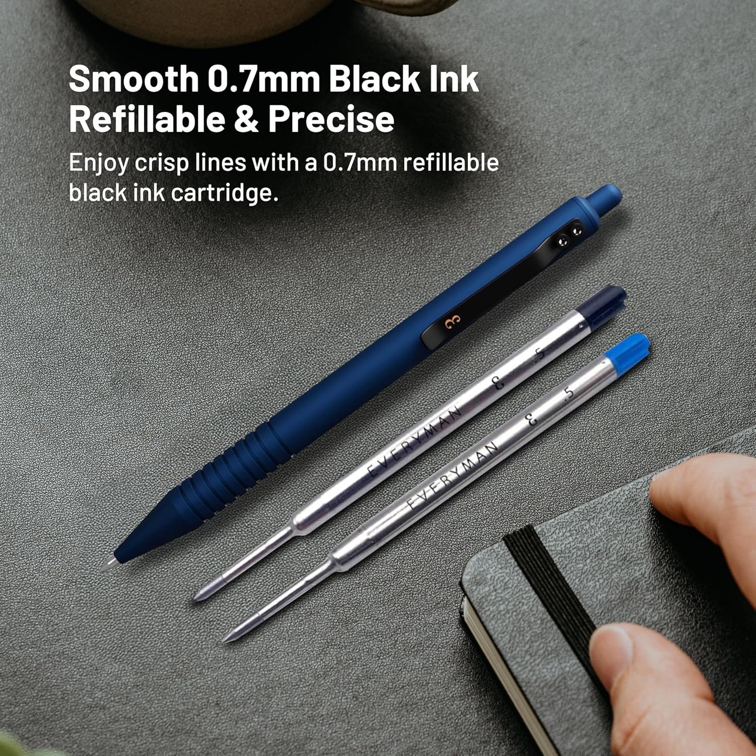 Everyman Midnight Super Matte Grafton Pen & Refill Set | Refillable Metal 0.7mm Gel Pen with 3 Smooth Black Ink Refills | Premium EDC Writing Tool for Office, Work, Travel & Gifting