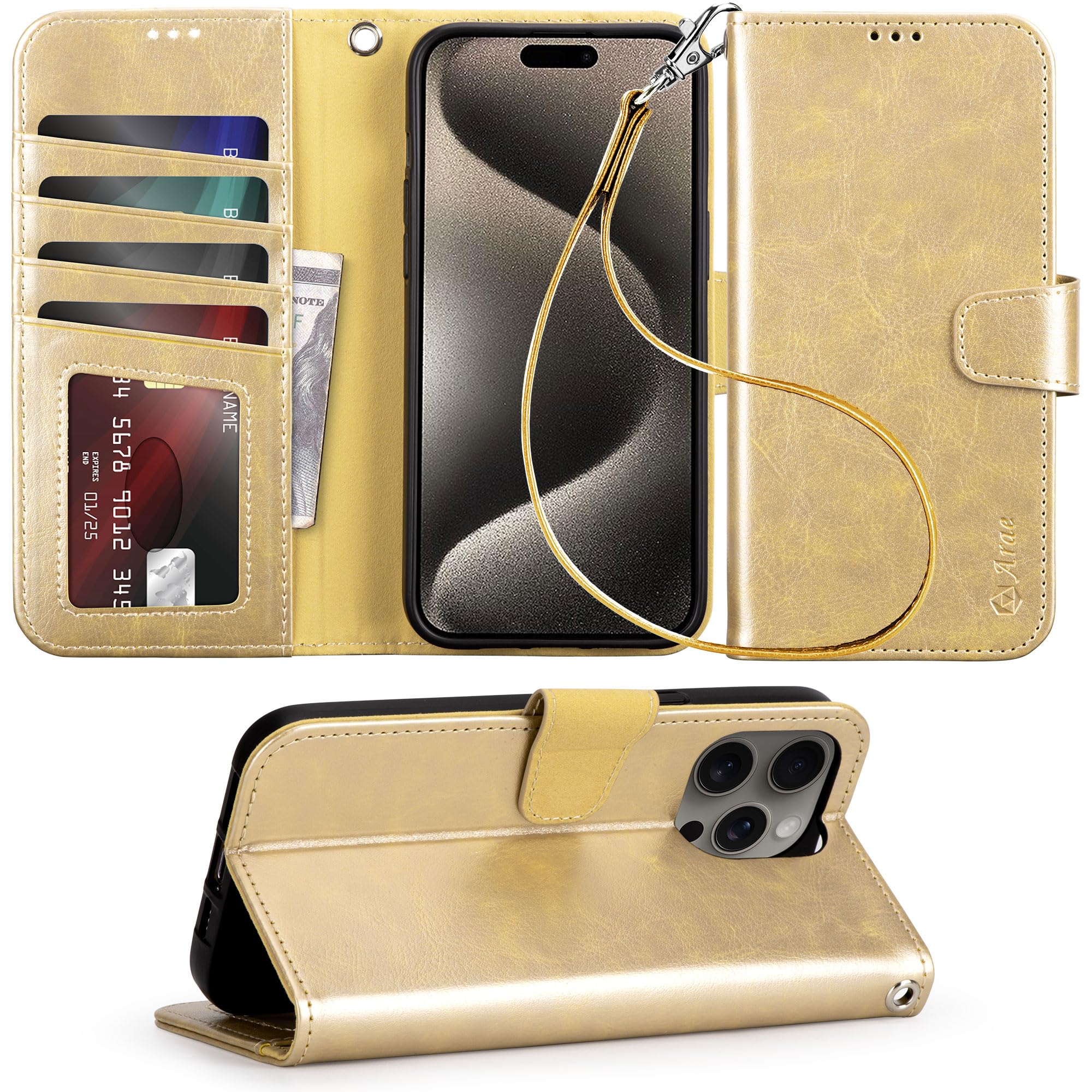 Arae Compatible with iPhone 15 Pro Max Case with Card Holder and Wrist Strap Wallet Flip Cover for iPhone 15 Pro Max 6.7 inch,Champagne Gold
