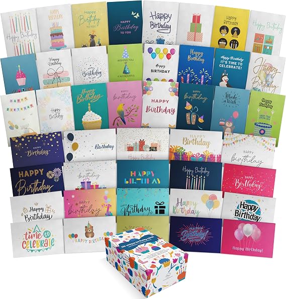 Dessie 120 Unique Happy Birthday Card Assortment 4x6 - Bulk Birthday Cards with Envelopes, Message Inside, Box & Gold Seals Assorted Birthday Cards Multipack for Employees Men Women