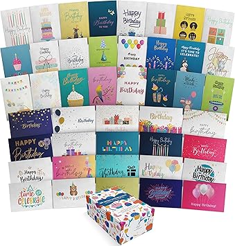 Dessie 120 Unique Happy Birthday Card Assortment 4x6 - Bulk Birthday Cards with Envelopes, Message Inside, Box & Gold Seals Assorted Birthday Cards Multipack for Employees Men Women