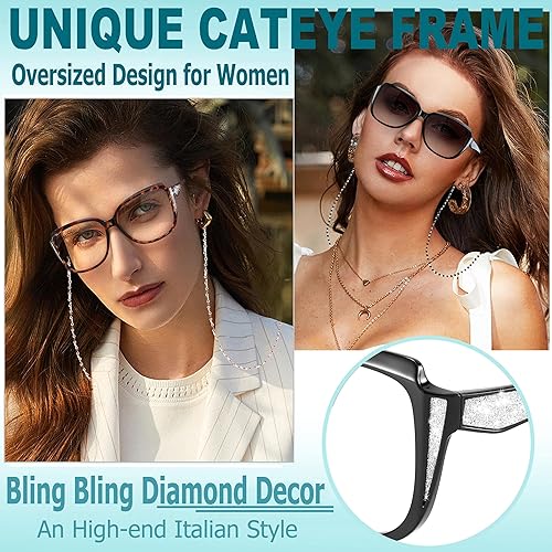 Miniatura 2 de touk Elegantes gafas de lectura de ojo de gato, lentes de sol de gran tamaño con cadena de lentes de moda portátiles para mujeres