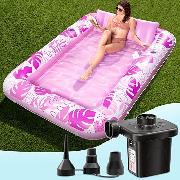 SLOOSH Inflatable Tanning Pool & Electric Air Pump Set 85"x57" Sun Lounger with Pillow, 2 Cup Holders, Grab Rope & Fast-Fill Pump for Pool, Beach,Hot Pink
