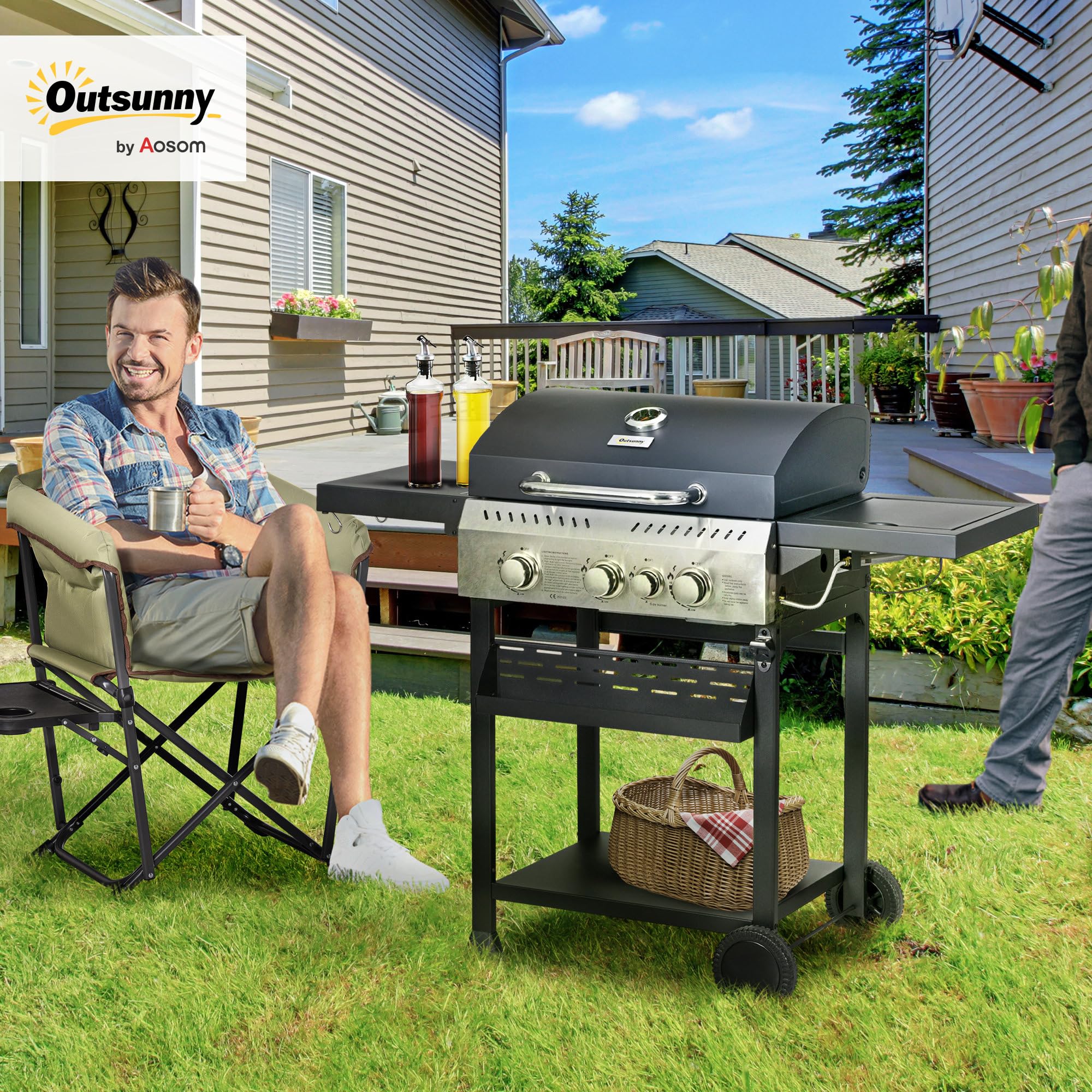 Outsunny Gasgrill 3 KW 3+1 Brenner Edelstahl Gas-Grill mit Seitenbrenner Grillrost Kochfeld Thermometer BBQ Grillwagen mit Flaschenöffner Seitenablagen für Camping Balkon 123 x 52 x 101cm