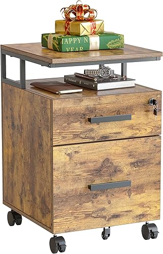 FEZIBO Archivador de 2 cajones con cerradura para oficina en casa, almacenamiento rodante debajo del escritorio para A4, tamaño carta, soporte de