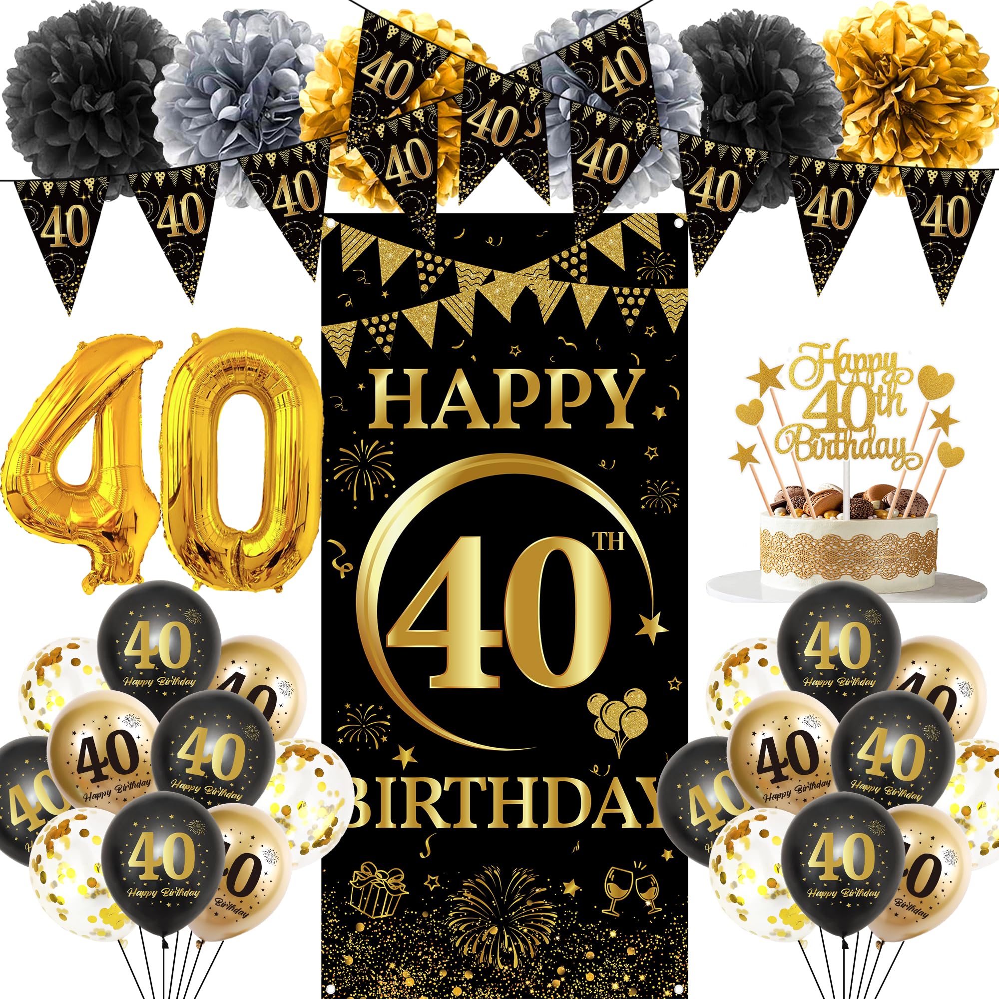 40th Birthday Decorations Men Set - 37 Pcs Black Gold Party Supplies with Backdrop Banner, Number 40 Foil Balloons, Latex Balloons and Paper Pom Poms for Adult 40th Milestone Celebration