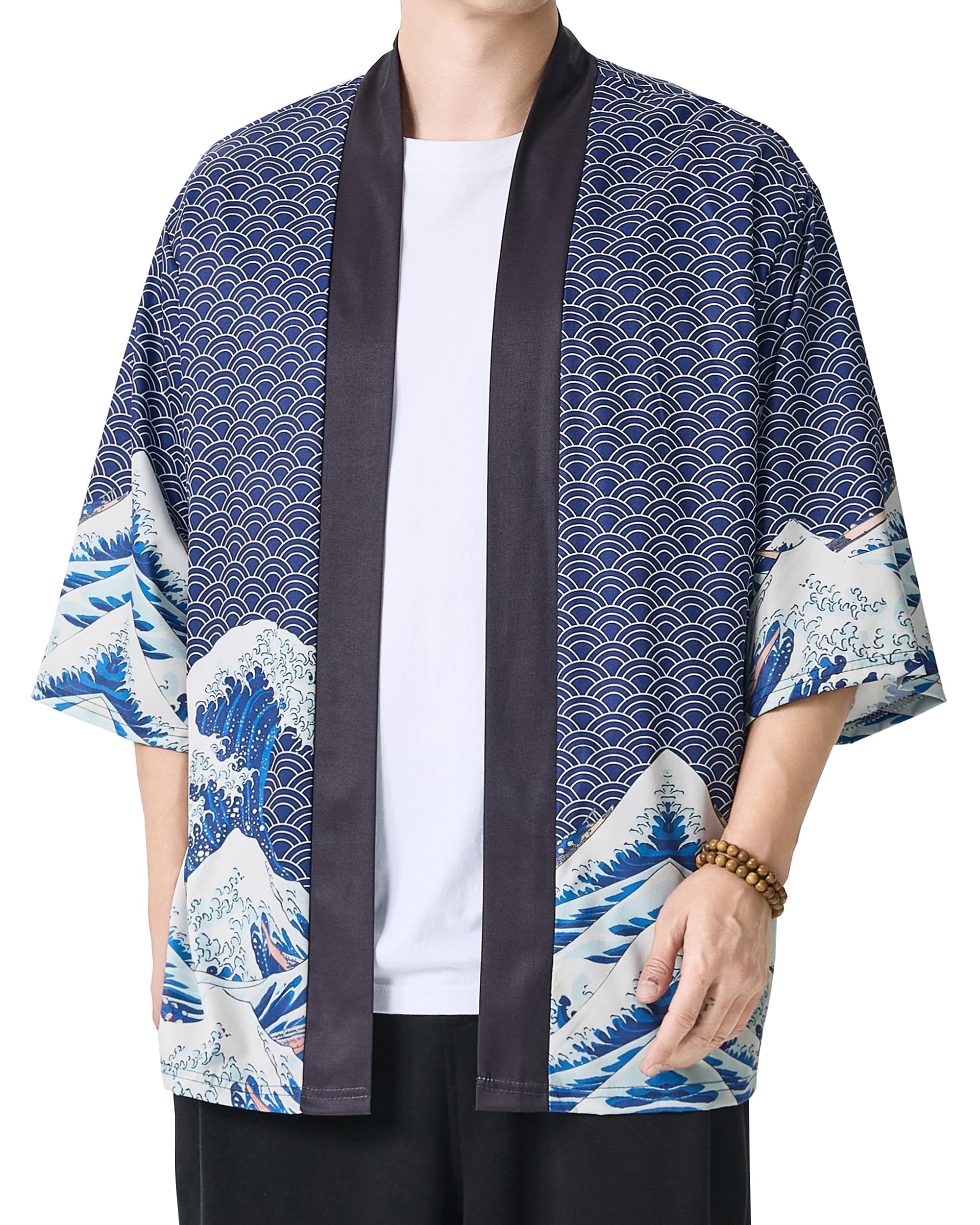 PRIJOUHE Men's Japanese Kimono Robe Jacket 3/4 Sleeve Open Front Yukata