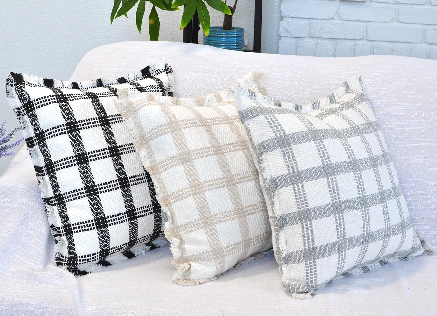 Checkered Throw Pillow Covers with Fringe Set of 2 Woven Cotton Plaid Cushion Covers with Tassels Trim Edge Square Pillow Cases Classic Scandinavian Cottagecore Checks Pattern Beige and White 18x18
