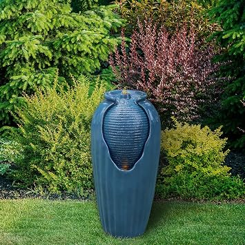 Teamson Home 32 in. Outdoor Contemporary Glazed Contoured Vase Water Fountain with LED Lights to Create a Calming Oasis in Gardens and Landscaping, on Patios, Balconies, Lawns, Teal Blue