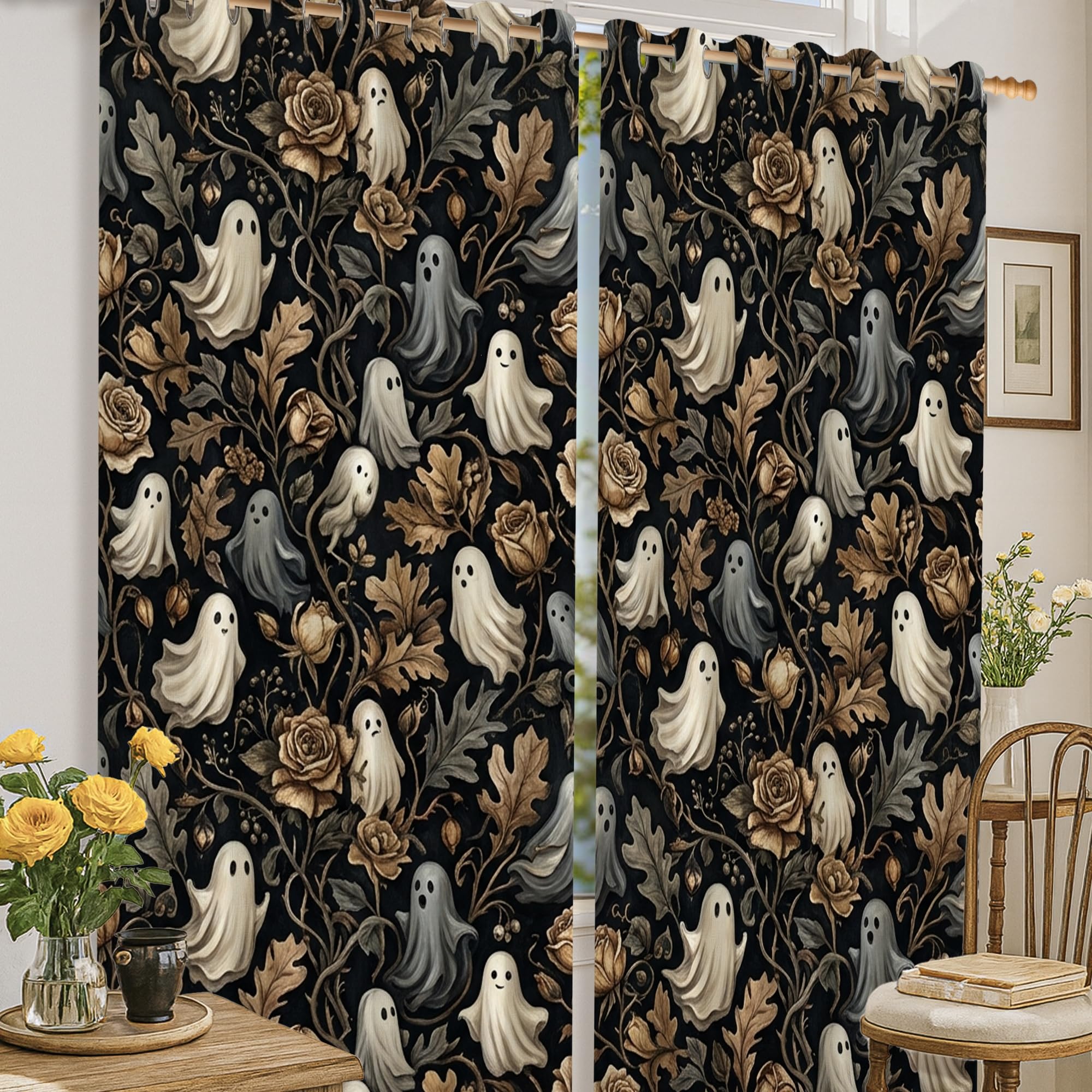 Rideaux occultants Halloween roses et fantômes 132x160 cm pour chambre d'enfant et bureau