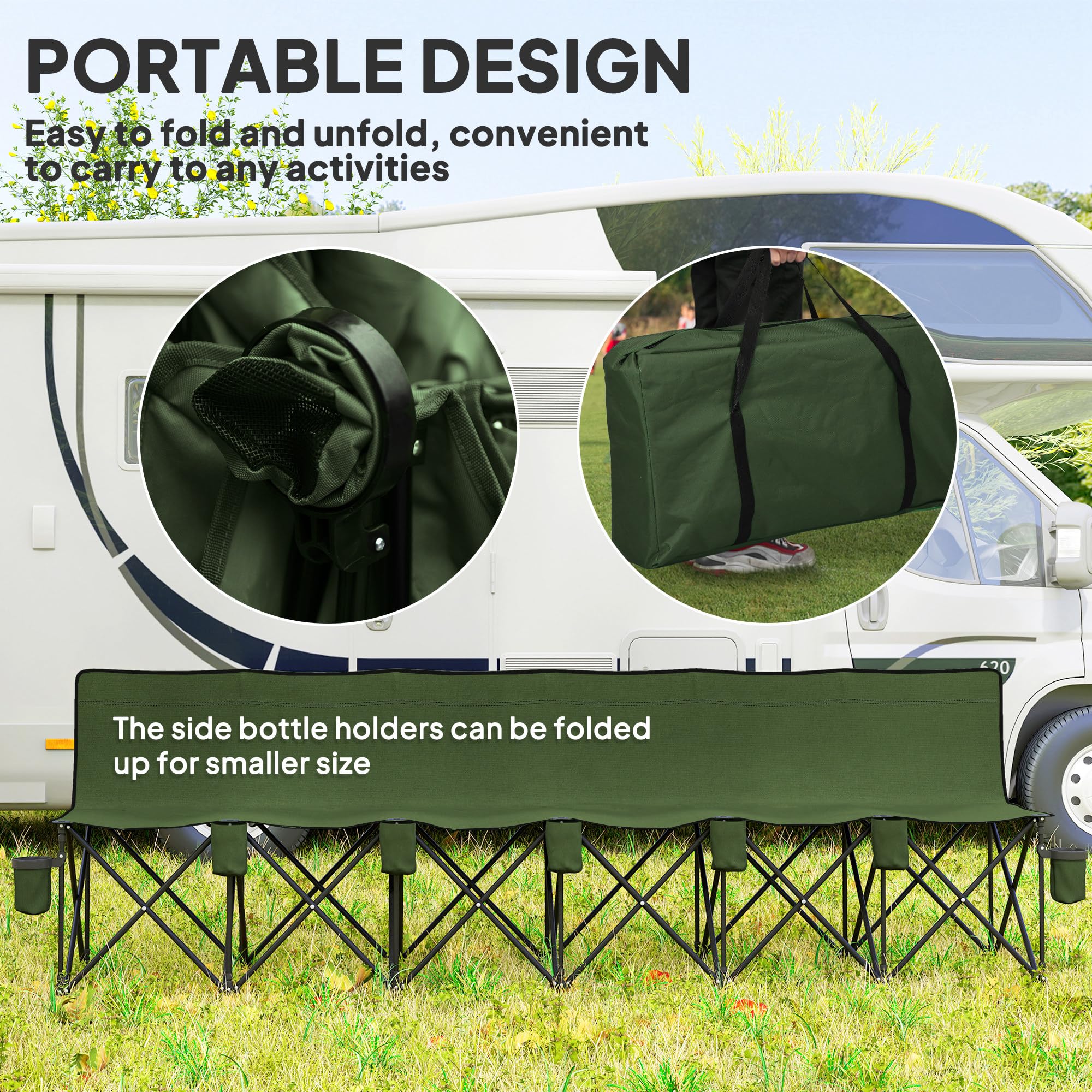 Outsunny Banc Pliant 6 Places, Porte-gobelet, Cadre métallique, Vert | Chaise de camping extérieur, chaise de spectateur de football, sac de transport