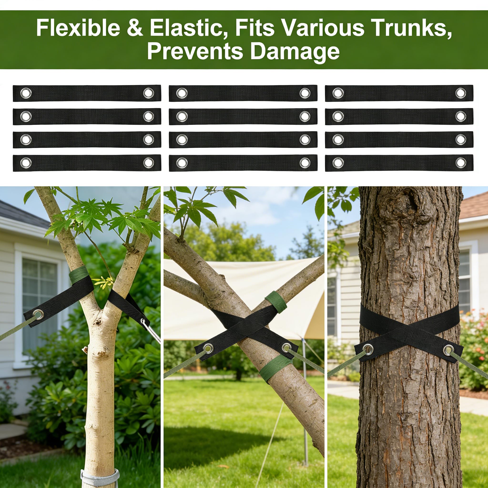 12 correas de árbol con ojales, cinta para sujetar el árbol, correas de soporte para árboles para tensar, árboles recién plantados, rectas y protección contra huracanes, cinta para atar árboles