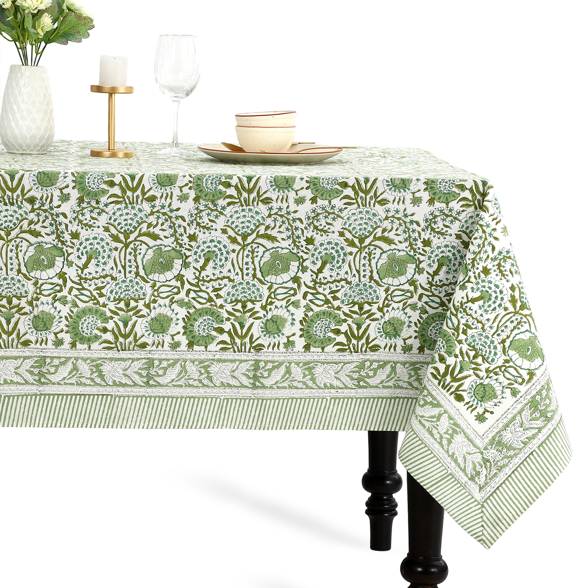 CPC Tablecloth 100% Cotton 60x60 Inch Indian Block Print Square Table Cover, Table Cloth for Weddings, Spring/Summer, Barbeque - Agate Green