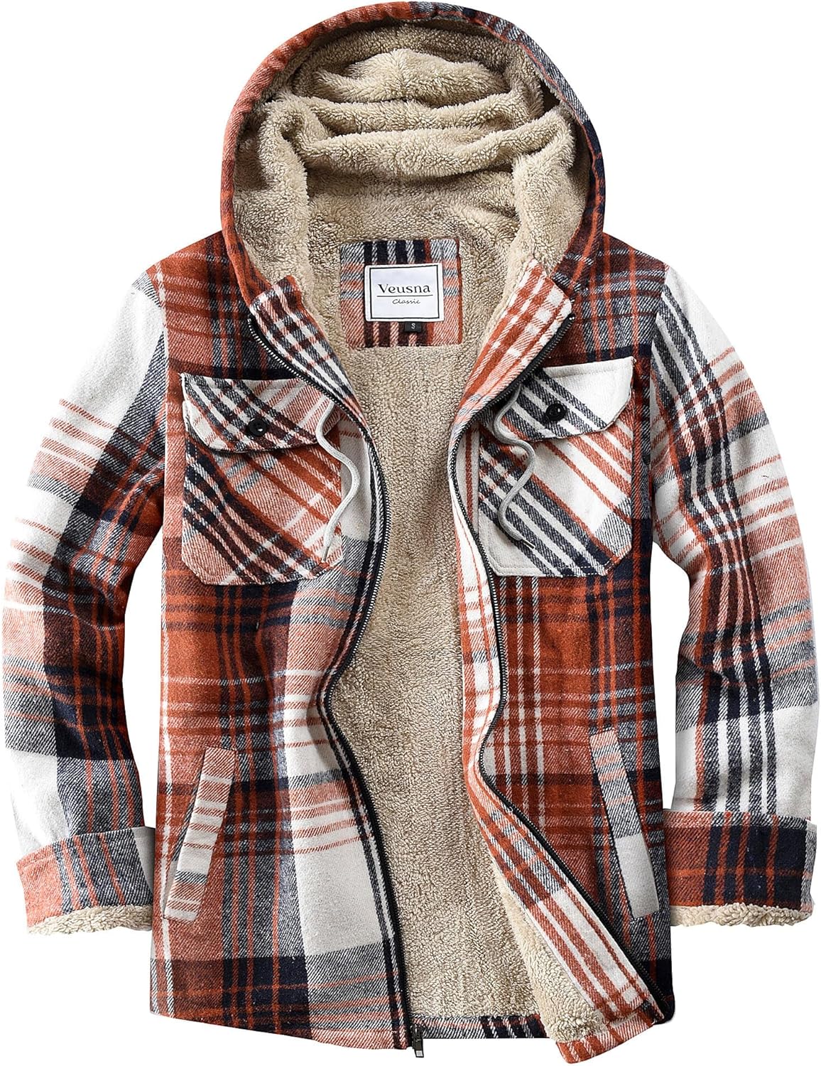 Men's Zip Up Flannel Shirt Jacket Fleece Lined Long Sleeve Plaid Coat Heavyweight Hoodie with Hood