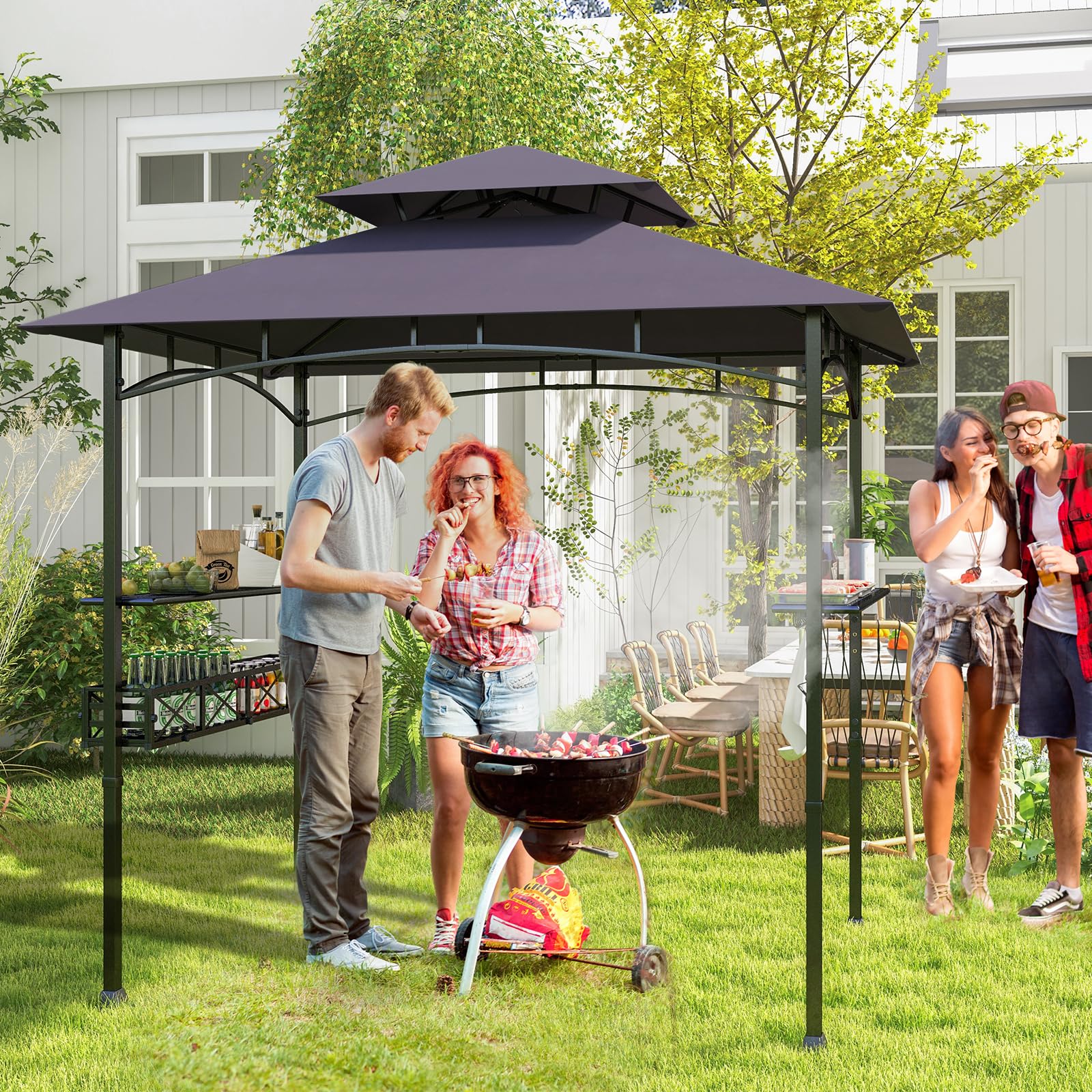 Outsunny Grillpavillon 240 x 150 x 257 cm wasserdicht flammhemmend Gartenpavillon mit Doppeldach, Seitenregalen, Gartenlauben mit UV-Schutz, BBQ Pavillon aus Stahl, Grillzelt für Party BBQ, Beige