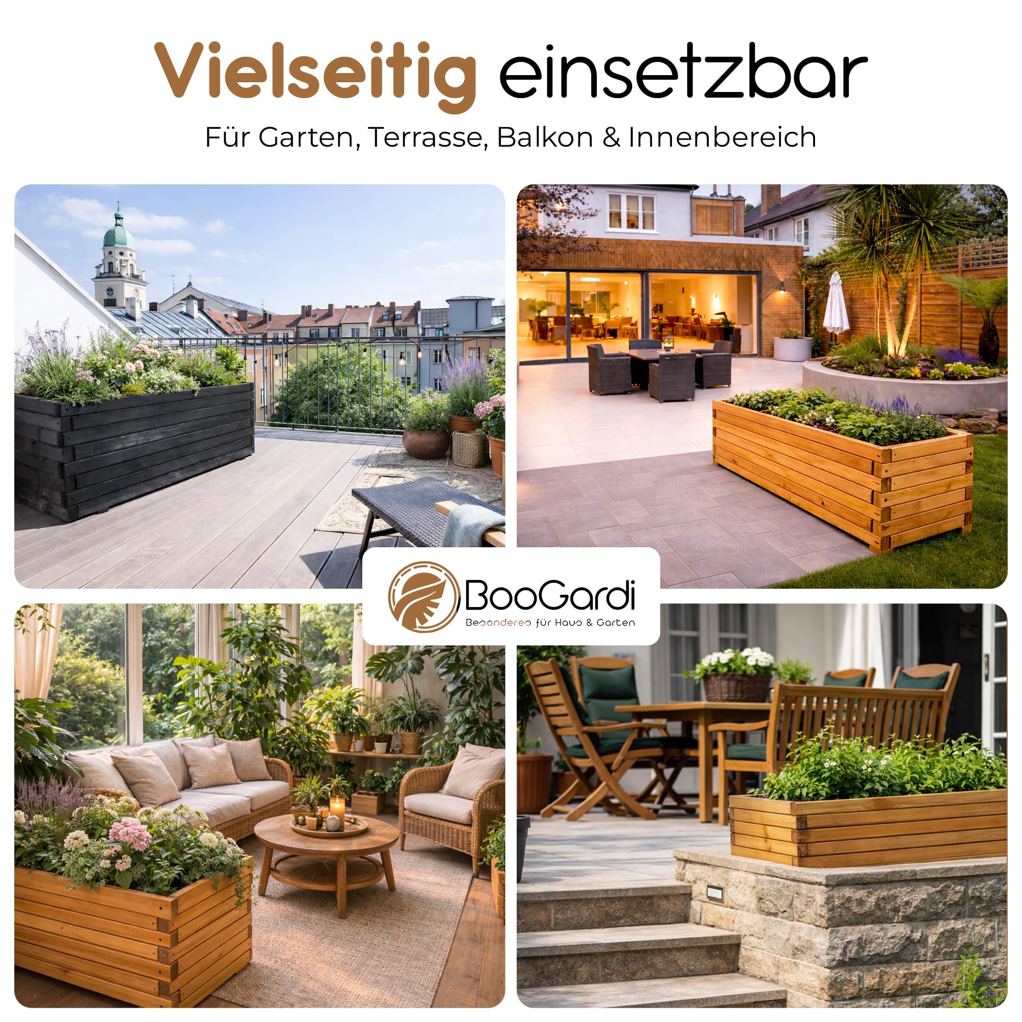 BooGardi Pflanzkübel groß außen & innen mit Vlies · Pflanzkasten rechteckig in 10 Größen · 120 cm lang naturbraun · Hochbeet Holz für Garten, Balkon & Terrasse · Blumenkasten XXL