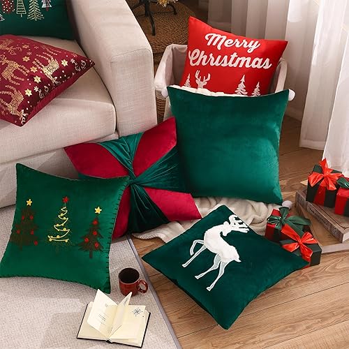 Miniatura 6 de Juego de 2 fundas de almohada de Navidad verdes de 18 x 18 pulgadas con bola, decoraciones de fiesta de Navidad, fundas de cojín de terciopelo suave