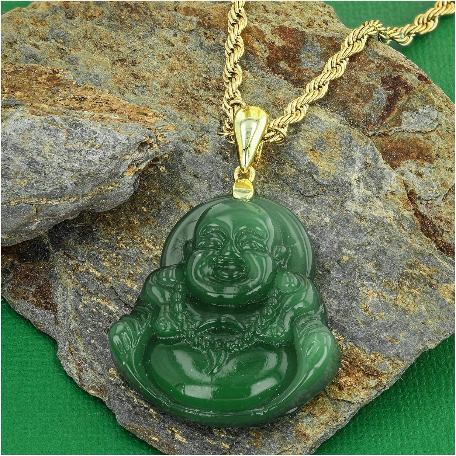 Laughing Buddha Green Jade Pendant Necklace – Certified Grade A Jadeite, Handcrafted Buddhist Medallion, 14k Gold Stainless Steel with Rope Chain