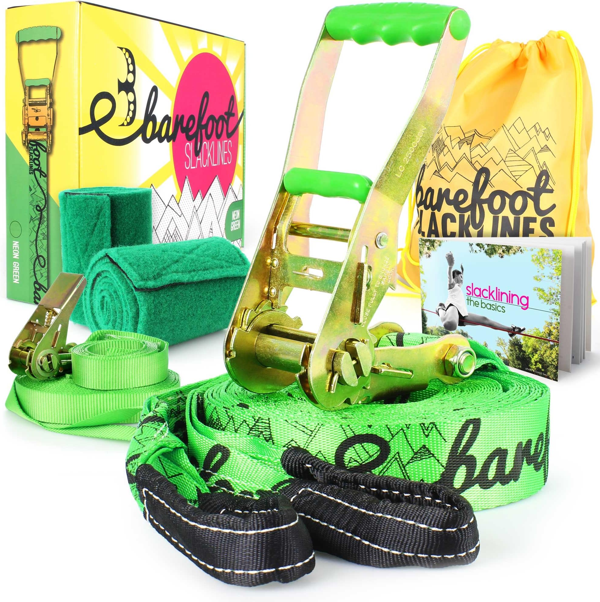 49ft (15m) Line! Complete Set Including Slackline, Ratchet, Training Line, Bark Protectors & Instructions! Great for Kids and Family, 3 Fluro Colours Available (Fluro Green)