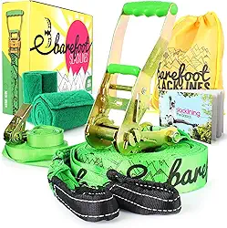 Barefoot Slacklines Linha de 15 m. Conjunto completo incluindo folha, catraca, protetores de latido, linha de treinamento e instruções! 3 cores fluro disponíveis (verde flúro)