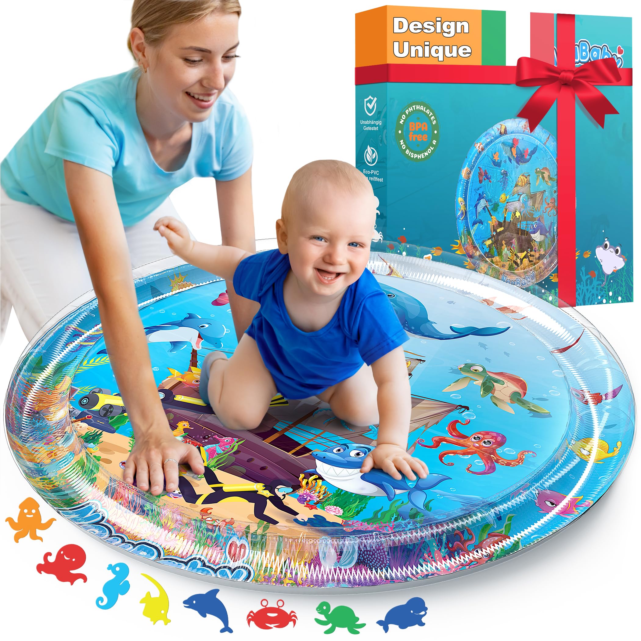 NouBaby® Tappetino Tummy Time Neonato XXL e Cuscino Tummy Time Neonato ad Acqua. Giochi Sensoriali Neonati, Giochi Tummy Time Neonato per Sviluppo Motorio 0-3 0-6 Mesi. Regalo Nascita Bimbo Bimba