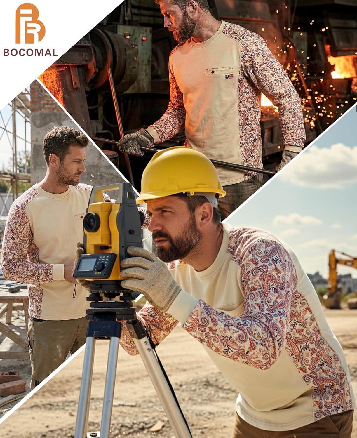 BOCOMAL FR Shirts Crewneck 5.5oz Lightweight Cotton Paisley Two-Tone Flame Resistant Long Sleeve CAT2 Work Shirt - Image 2