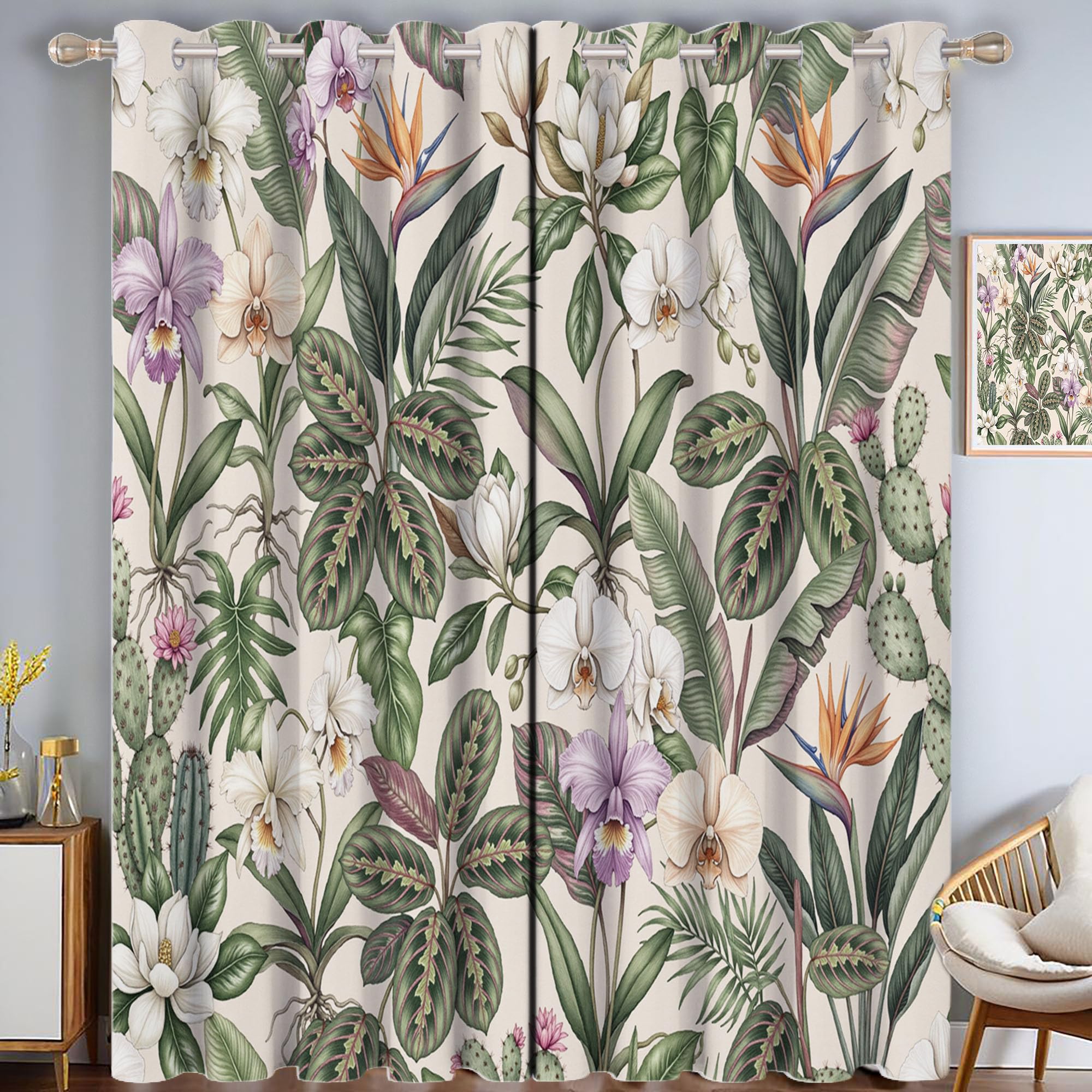 Pflanzen Und Blumen Vorhänge Mit Ösen, Aquarellzeichnung Von Orchideenzweigen Thermovorhang Hitzeschutz, H140 X B90 Cm (2Er Pack) Abdunkelnde Gardinen Für Wohnzimmer Verdunkelungsvorhang - Dunkelgrün