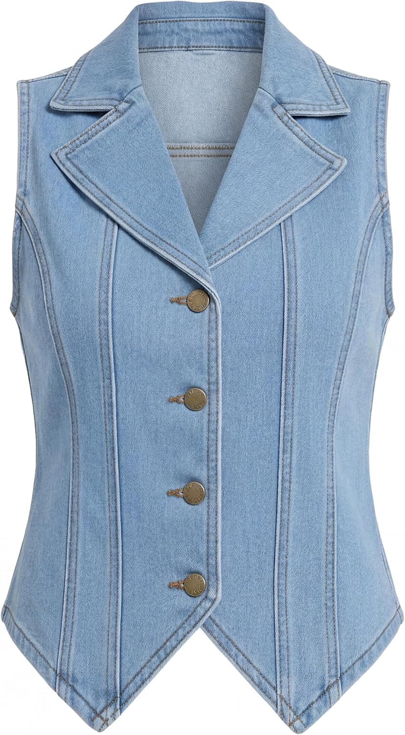 Ladyful Women's Denim Vest Tops Lapel Collar Button Down Sleeveless Jean Vest Waistcoat Blazer