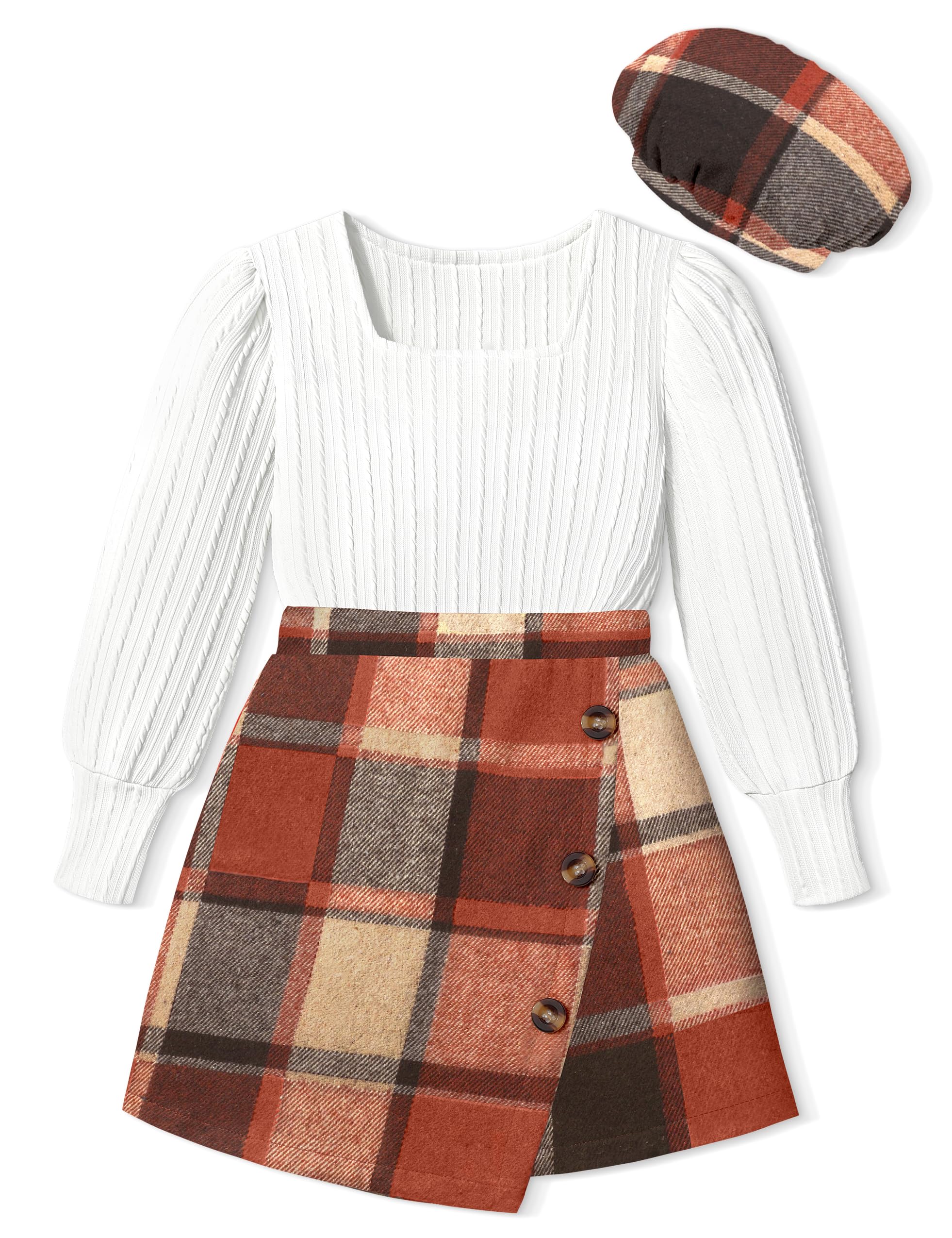AGAPENG Girl Skirt Sets 3 Piece Outfits Square Neck Jacquard Puff Sleeve Tops Plaid Mini Skirt Shorts Fall Winter Clothes