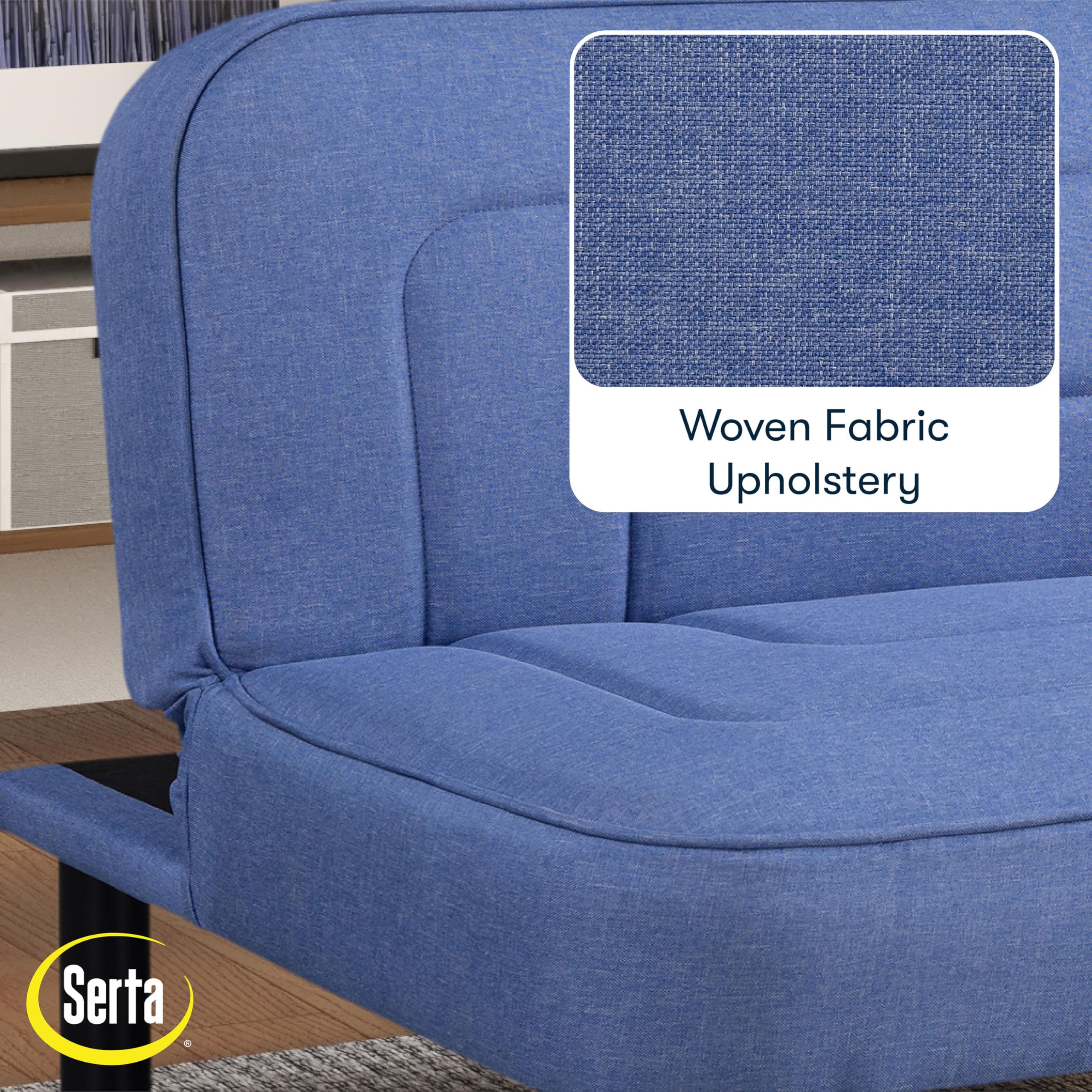 Serta Fairwood 66.1" Convertible Futon Sofa, Short Twin Size, Modern Boho, Dream Coil Comfort, Fingerguard Pinch Point Protection, Soft Woven Polyester Fabric, Blue