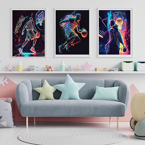 Miniatura 4 de Póster de baloncesto - Juego de 4 luces de neón (8 x 10 pulgadas) sin marco, arte de pared deportivo superestrella para decoración de paredes,